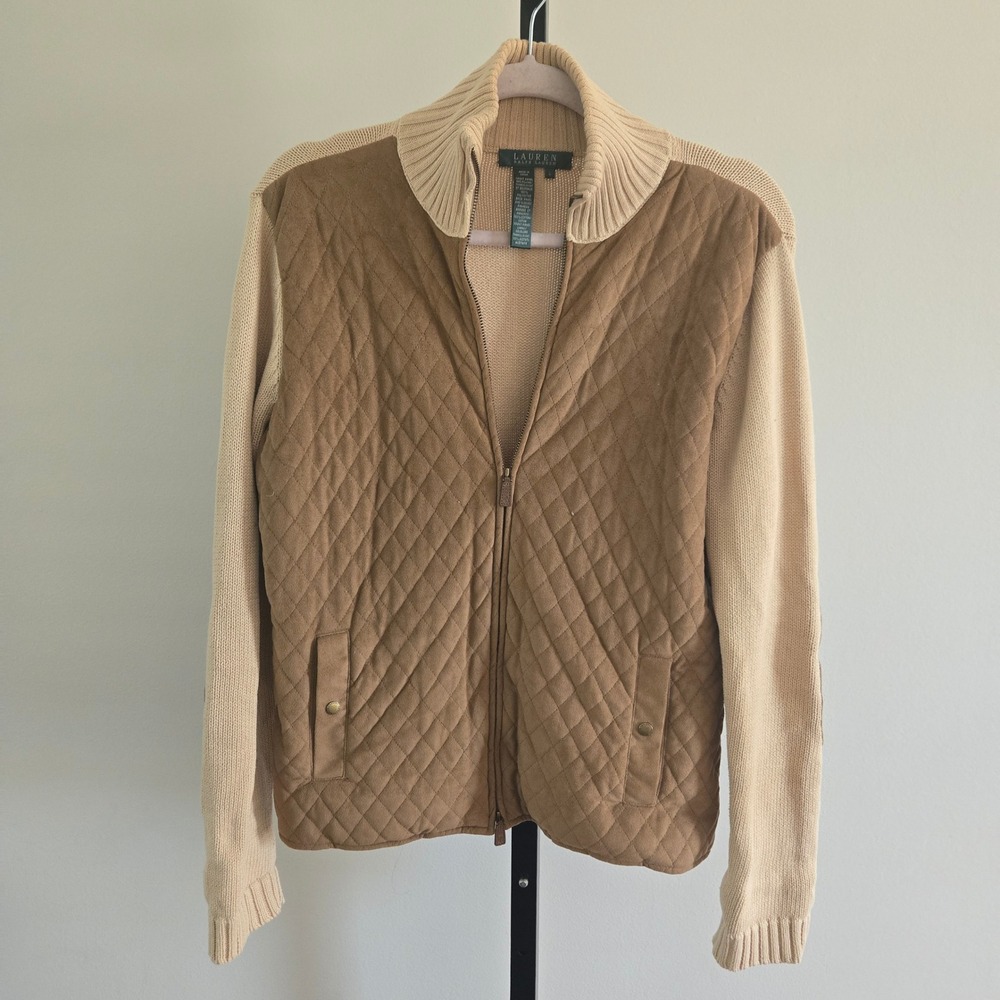 Lauren Ralph Lauren Quilted Faux Suede Knit Full Zip Cardigan Tan Beige Large